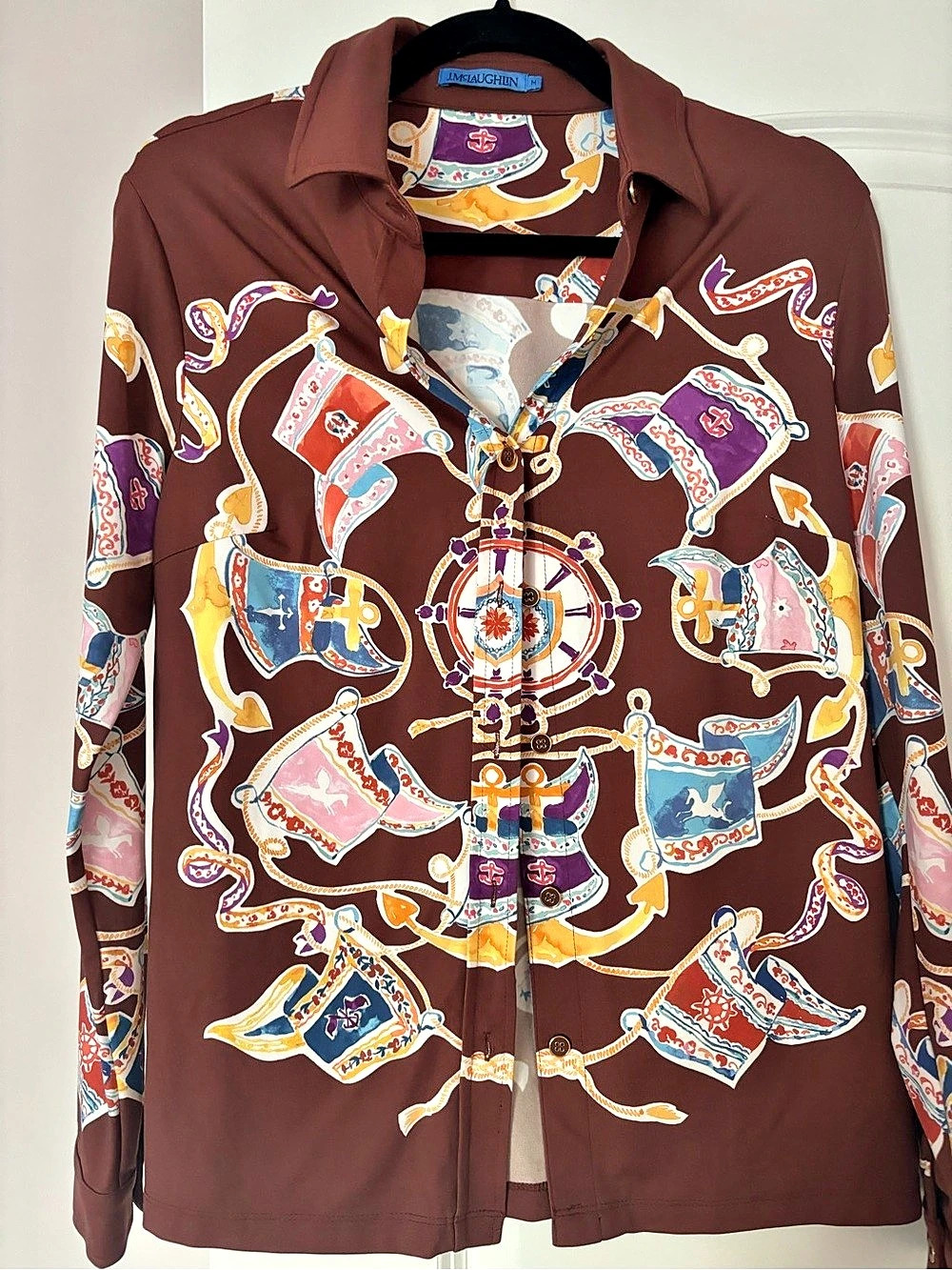 J. McLaughlin Printed Button Down Shirt Brown & Multicolor Medium
